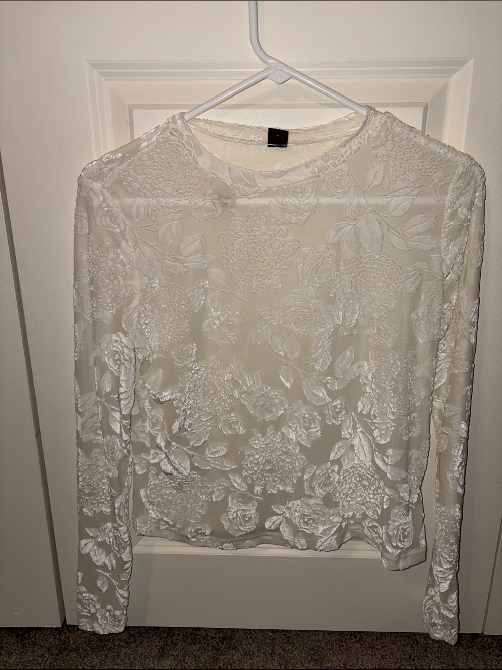Sheer, white lace velvet long sleeve velvet